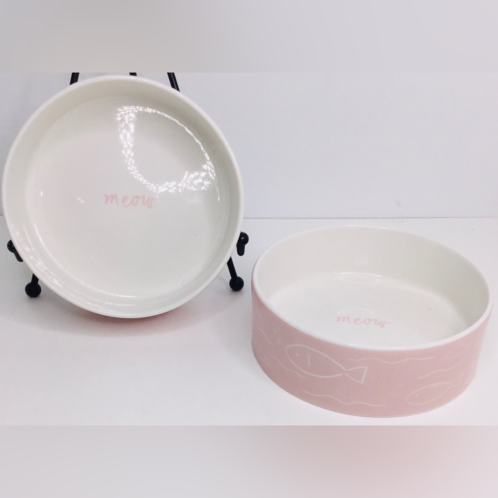 2 Meow Bowl Pet Food Water Dish Ceramic by Fringe Studio 6.5" 2" deep